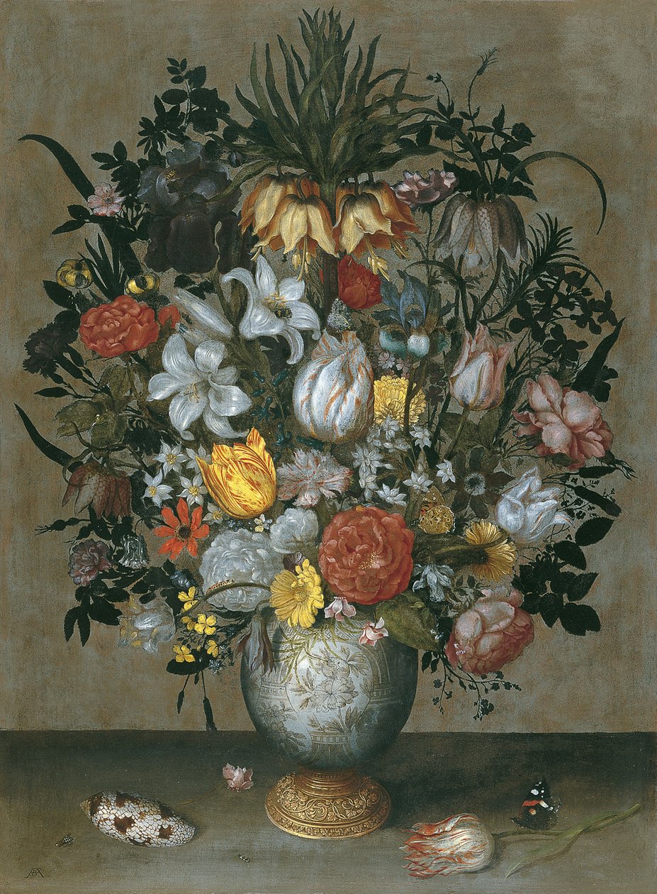 Chiński wazon z kwiatami, muszlami i owadami autorstwa Ambrosius Bosschaert the Elder