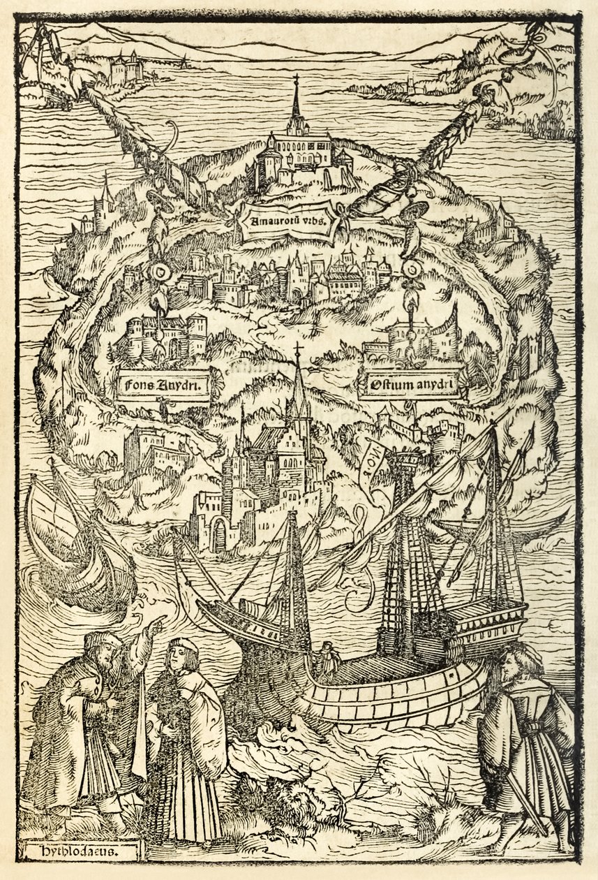 Mapa Nowej Wyspy Utopii z wydania Utopii z 1518 r. autorstwa Sir Thomasa More