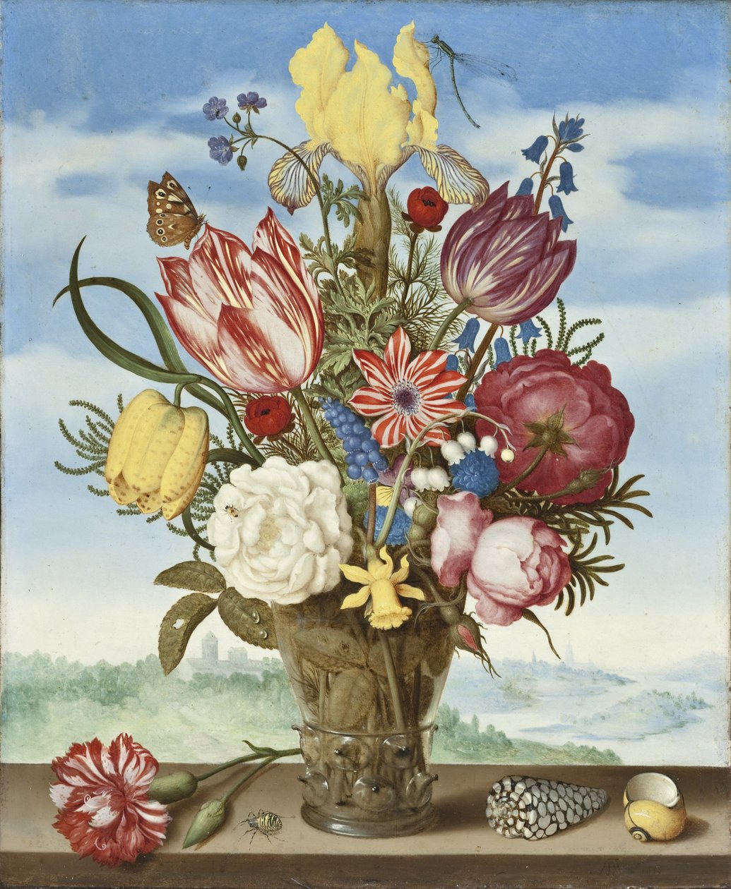 Bukiet kwiatów na półce autorstwa Ambrosius the Elder Bosschaert