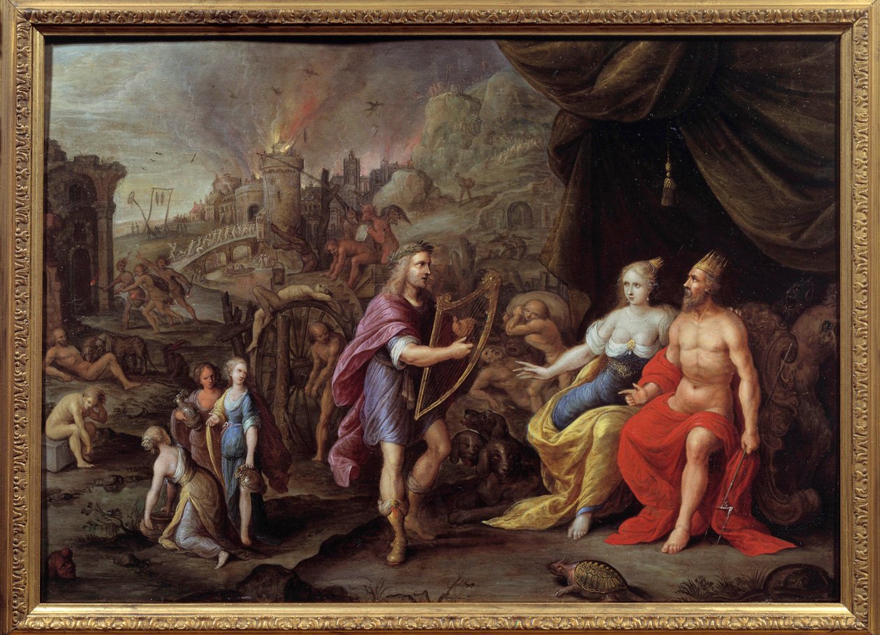 Reprezentacja Orphee w zaświatach Orphee, ze swoją lirą, prosi Zeusa o pozwolenie na dołączenie do Eurydyki w zaświatach. Obraz Ambrosiusa Franckena (1544-1618) XVII-wieczny Nimes, Muzeum Sztuk Pięknych. autorstwa Ambrosius the Elder Francken or Franck