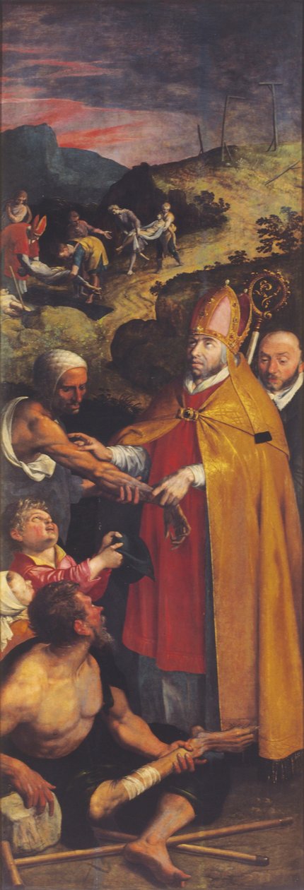 Święty Eligiusz pomaga chromym i grzebie zmarłych (olej na desce) autorstwa Ambrosius the Elder Francken or Franck