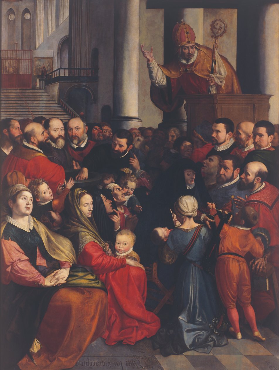 Święty Eligiusz głosi kazania w Antwerpii (olej na desce) autorstwa Ambrosius the Elder Francken or Franck