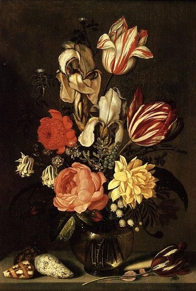 Mieszane kwiaty na półce z muszlami i muchą autorstwa Ambrosius the Younger Bosschaert