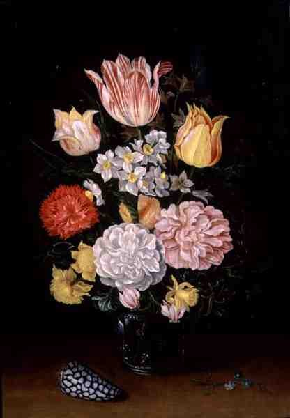 Martwa natura z kwiatów z muszlą (olej na panelu) autorstwa Ambrosius the Younger Bosschaert