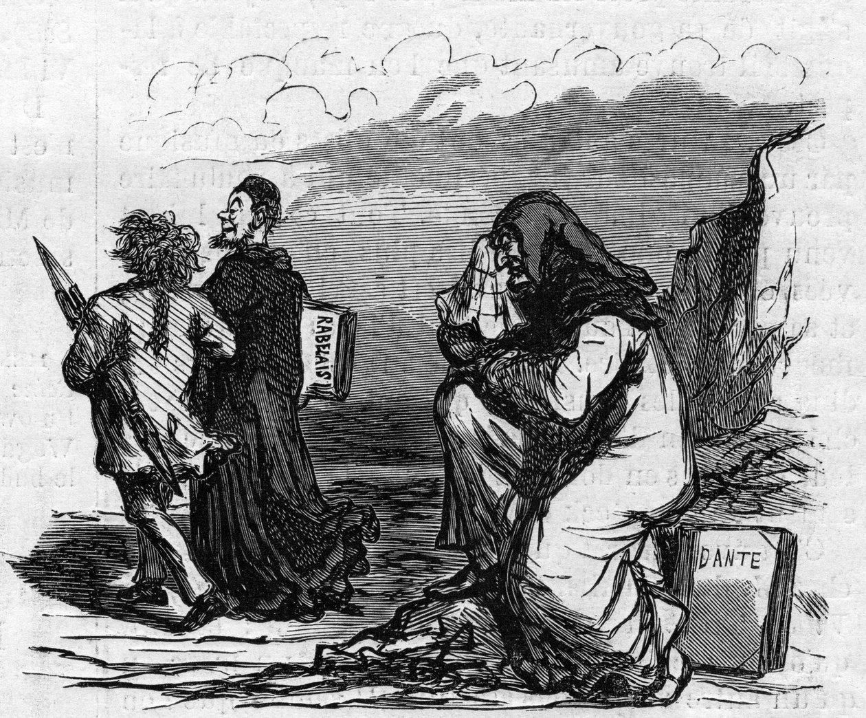 Biedny Dante zaczyna płakać, kiedy widzi Gustave Dore ramię w ramię z tym małym mężczyzną Rabelais. Kreskówka Chama. Grawerowanie w „”Le Monde Illustré””n°821 z 4 stycznia autorstwa Amédée de Noé