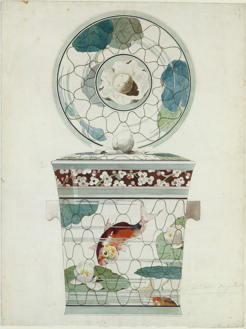 Projekt naczynia z przykryciem w Service au Filet Fish Net Ware..., 1875-85. autorstwa Amédée de Caranza.