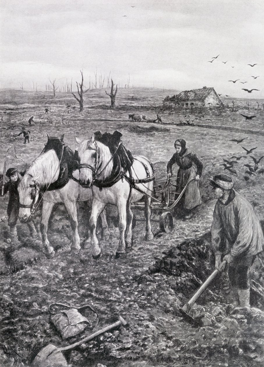 Rolnicy pracujący na zrujnowanych polach, 1918 (papier gazetowy półtonów) autorstwa Amedee Forestier