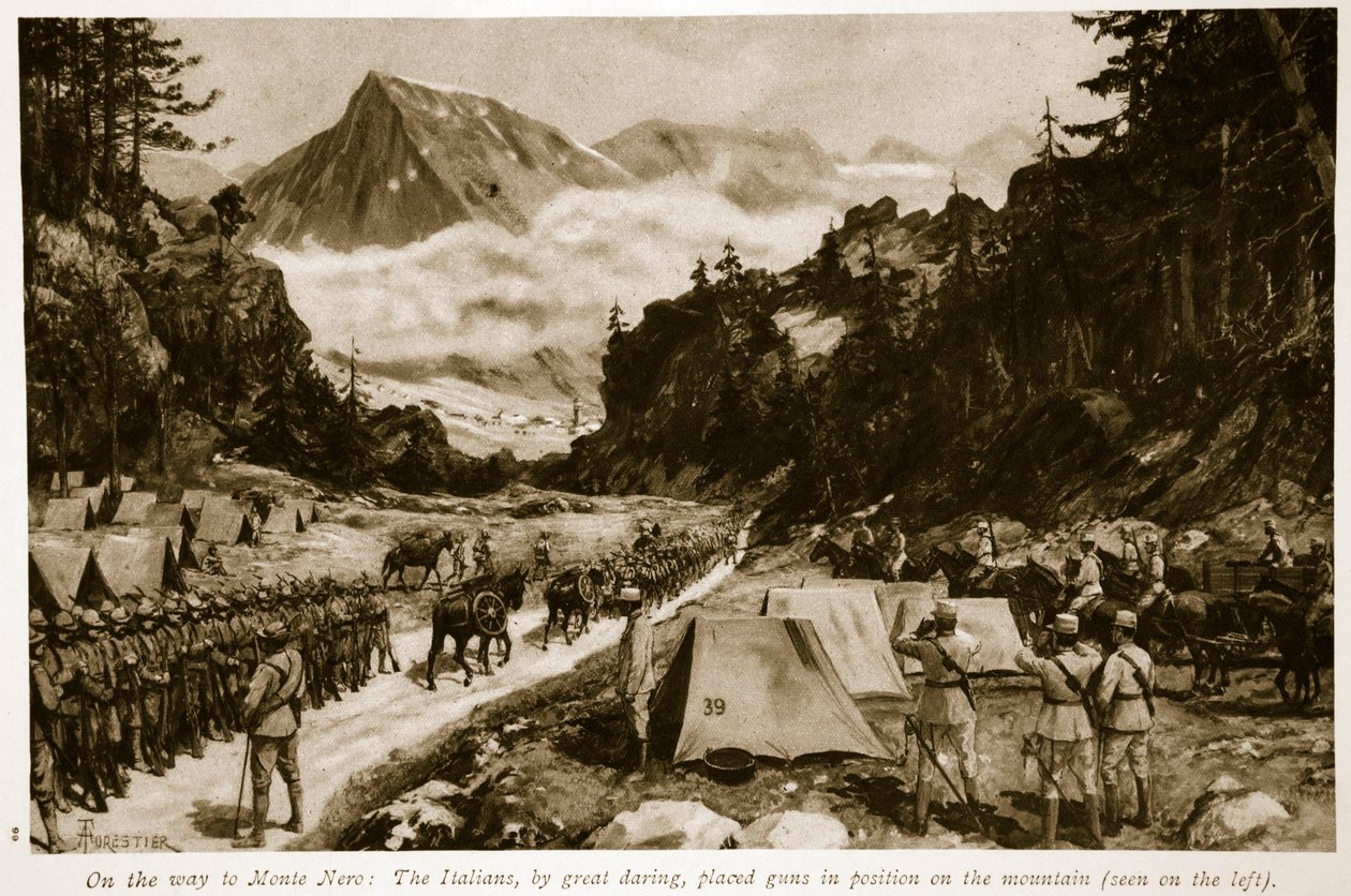 W drodze do Monte Nero: Włosi z wielką śmiałością ustawili broń na górze, 1914-19 autorstwa Amedee Forestier