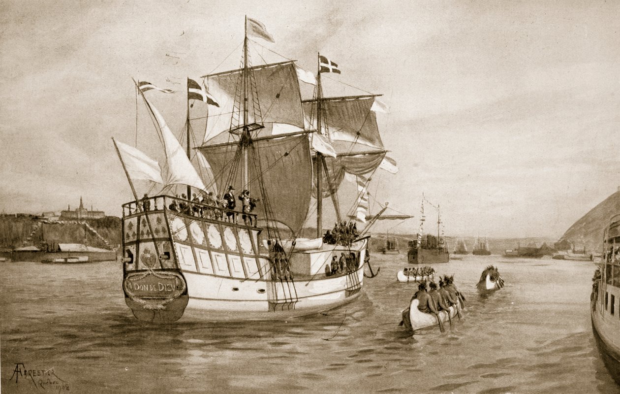 Uroczystości w Quebecu, 1908: statek Champlaina zbliża się do miasta autorstwa Amedee Forestier