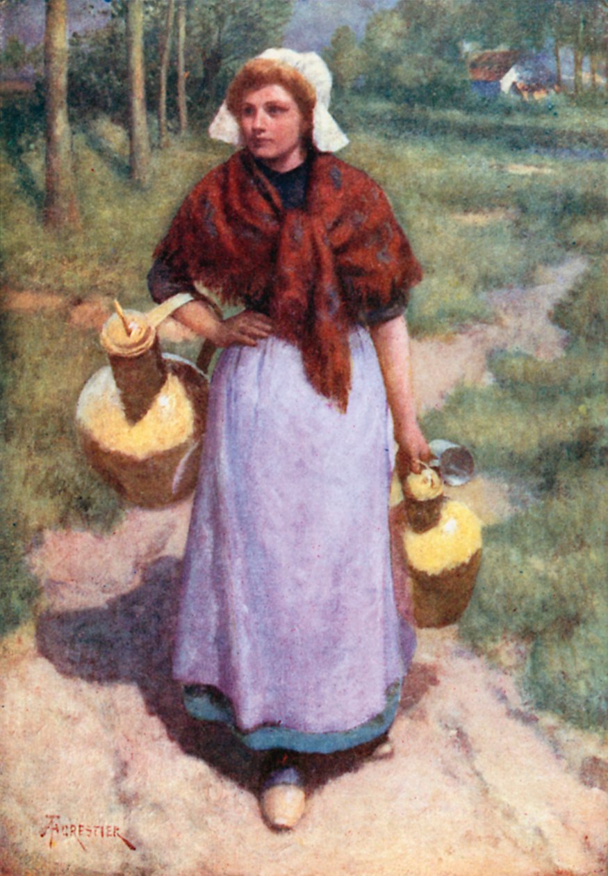 Flamandzka wiejska dziewczyna (kolorowa litografia) autorstwa Amedee (after) Forestier