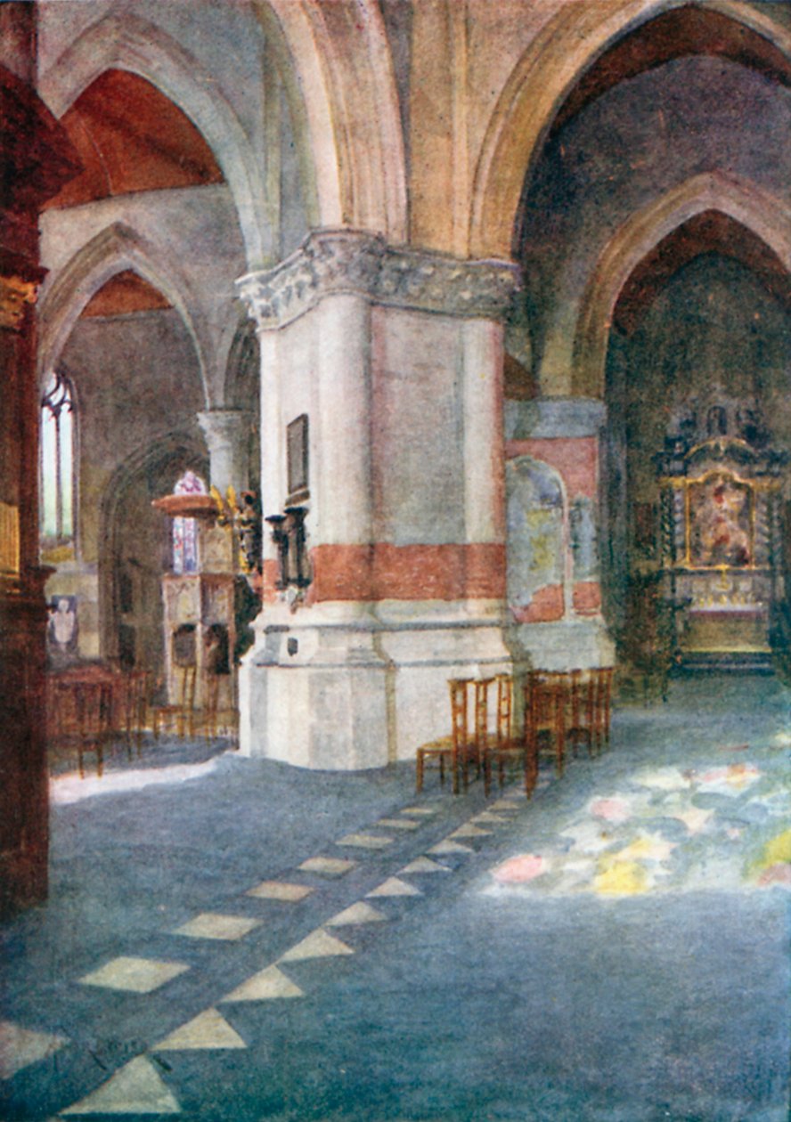 Wnętrze kościoła, Nieuport (kolorowa litografia) autorstwa Amedee (after) Forestier