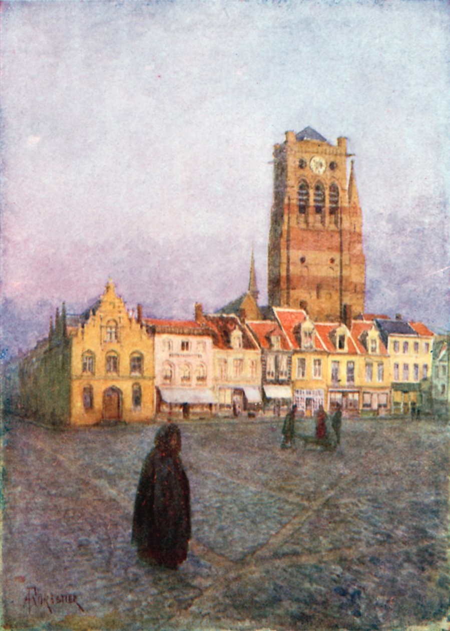 Wieża św. Mikołaja, Furnes (kolorowa litografia) autorstwa Amedee (after) Forestier