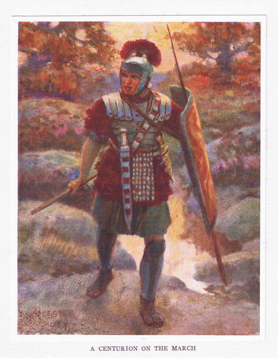 Centurion w marszu, ilustracja z Żołnierza rzymskiego, 1928 autorstwa Amedee Forestier