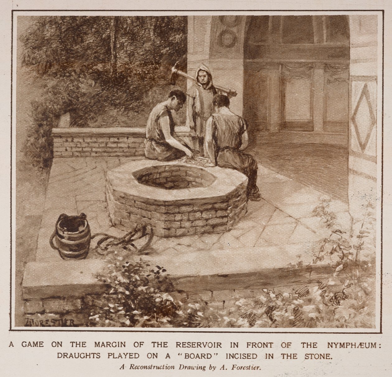 Gra na brzegu zbiornika wodnego przed nimfeum, z artykułu pt. „The Country Life of the Romans in England” w Illustrated London News autorstwa Amedee Forestier