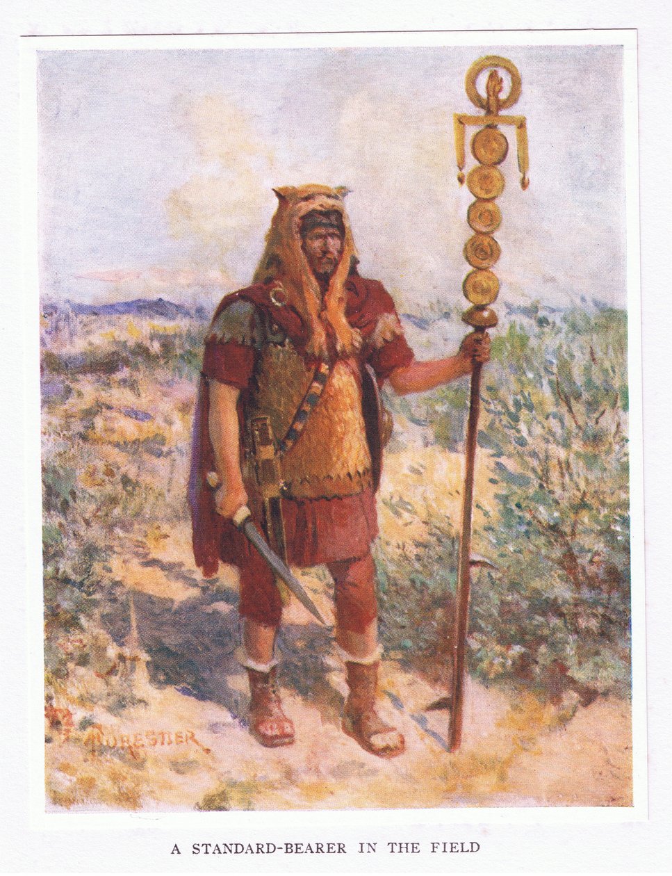 Sztandar w polu, ilustracja z Żołnierza rzymskiego, 1928 autorstwa Amedee Forestier