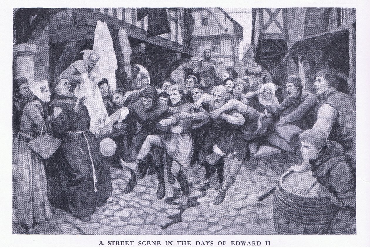 Scena uliczna w czasach Edwarda II z Cassells History of the British People wydanej przez Waverley Book Company Limited, ok. 1940 r. autorstwa Amedee Forestier
