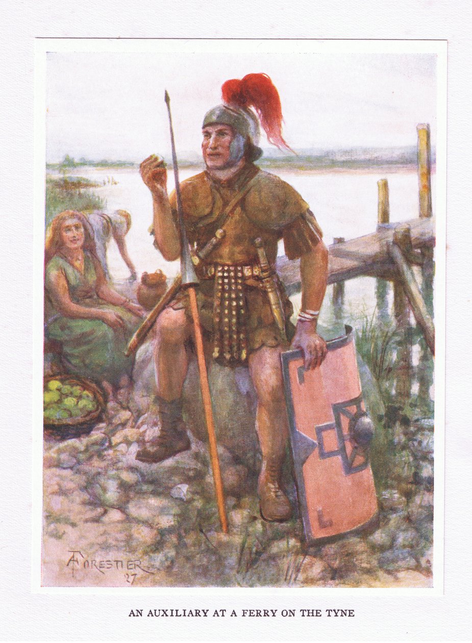Pomocnik na promie na Tyne, ilustracja z filmu Żołnierz rzymski, 1928 autorstwa Amedee Forestier