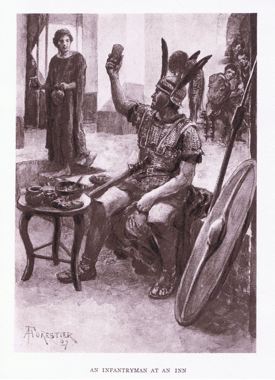 Piechur w karczmie, ilustracja z filmu Żołnierz rzymski, 1928 autorstwa Amedee Forestier