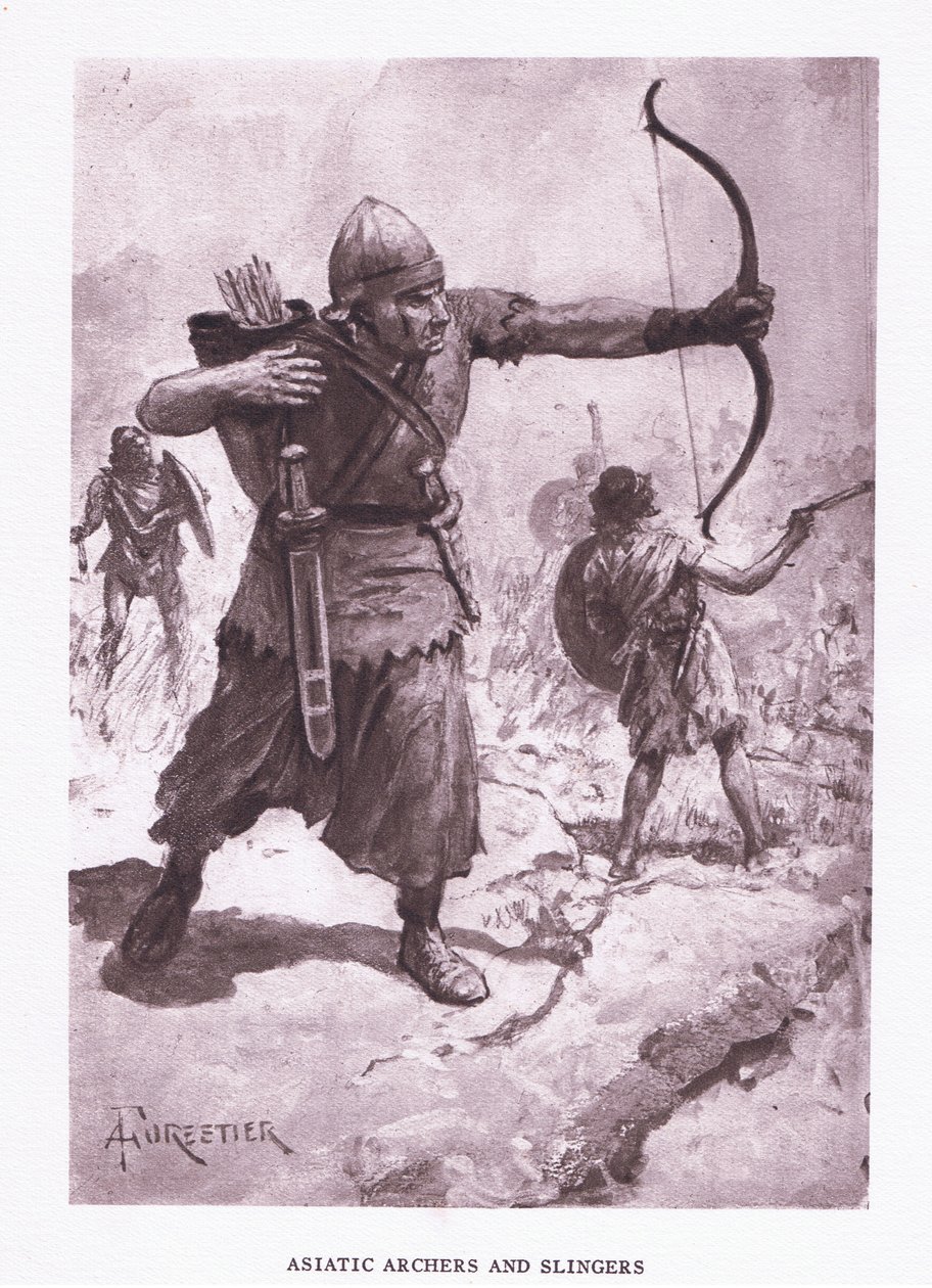 Azjatyccy łucznicy i procarze, ilustracja z filmu Żołnierz rzymski, 1928 autorstwa Amedee Forestier