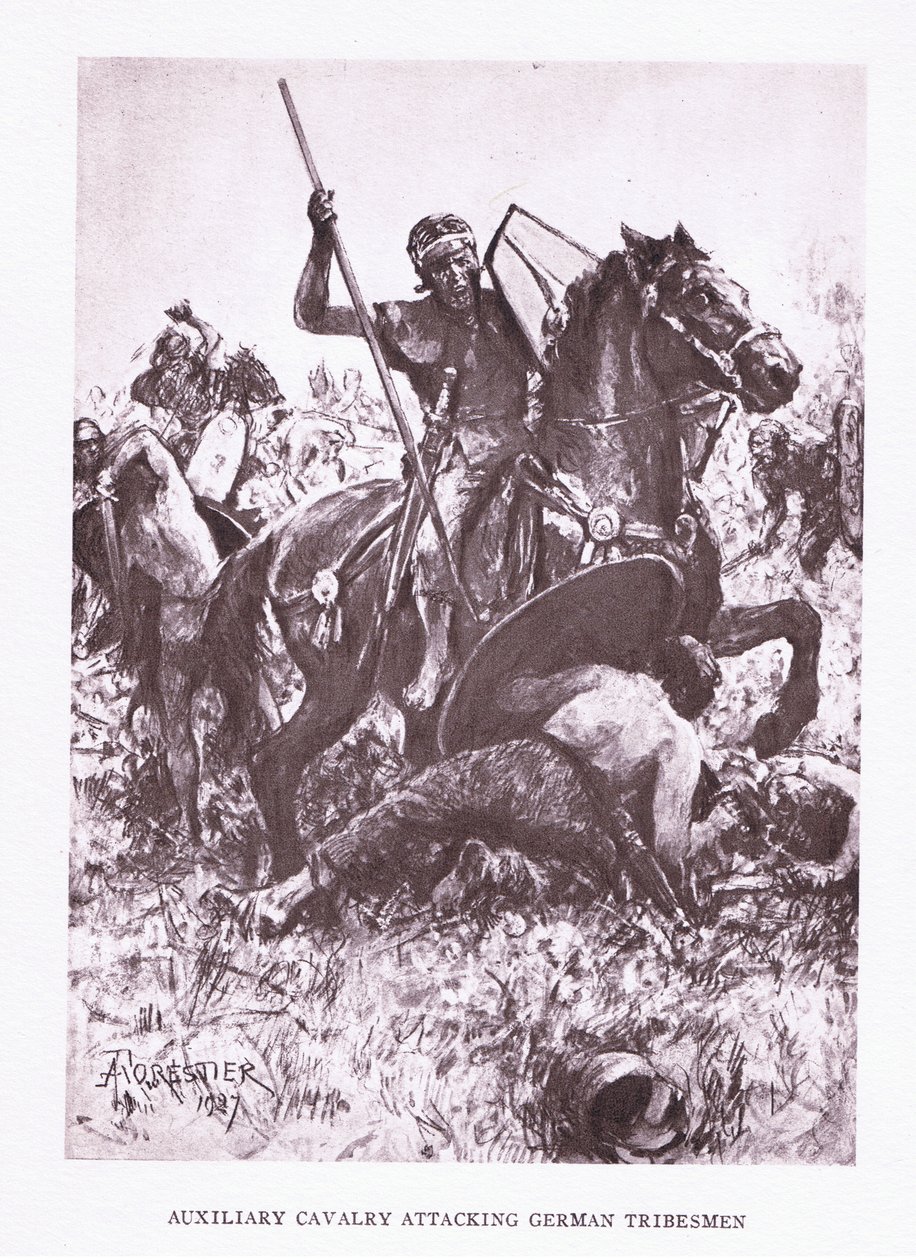 Pomocnicza kawaleria atakująca niemieckich plemion, ilustracja z filmu Żołnierz rzymski, 1928 autorstwa Amedee Forestier