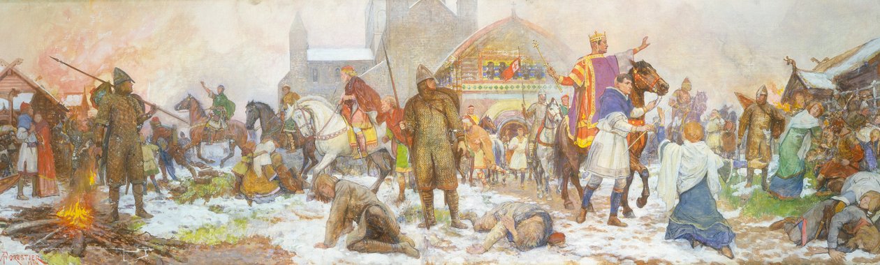 Epizod z okazji koronacji Wilhelma I, Londyn, Boże Narodzenie, 1066, początek XX w. autorstwa Amedee Forestier