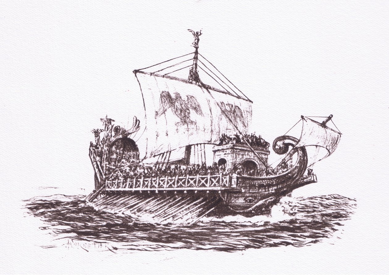 Patrol floty: statki rzymskie, ilustracja z filmu Żołnierz rzymski, 1928 autorstwa Amedee Forestier