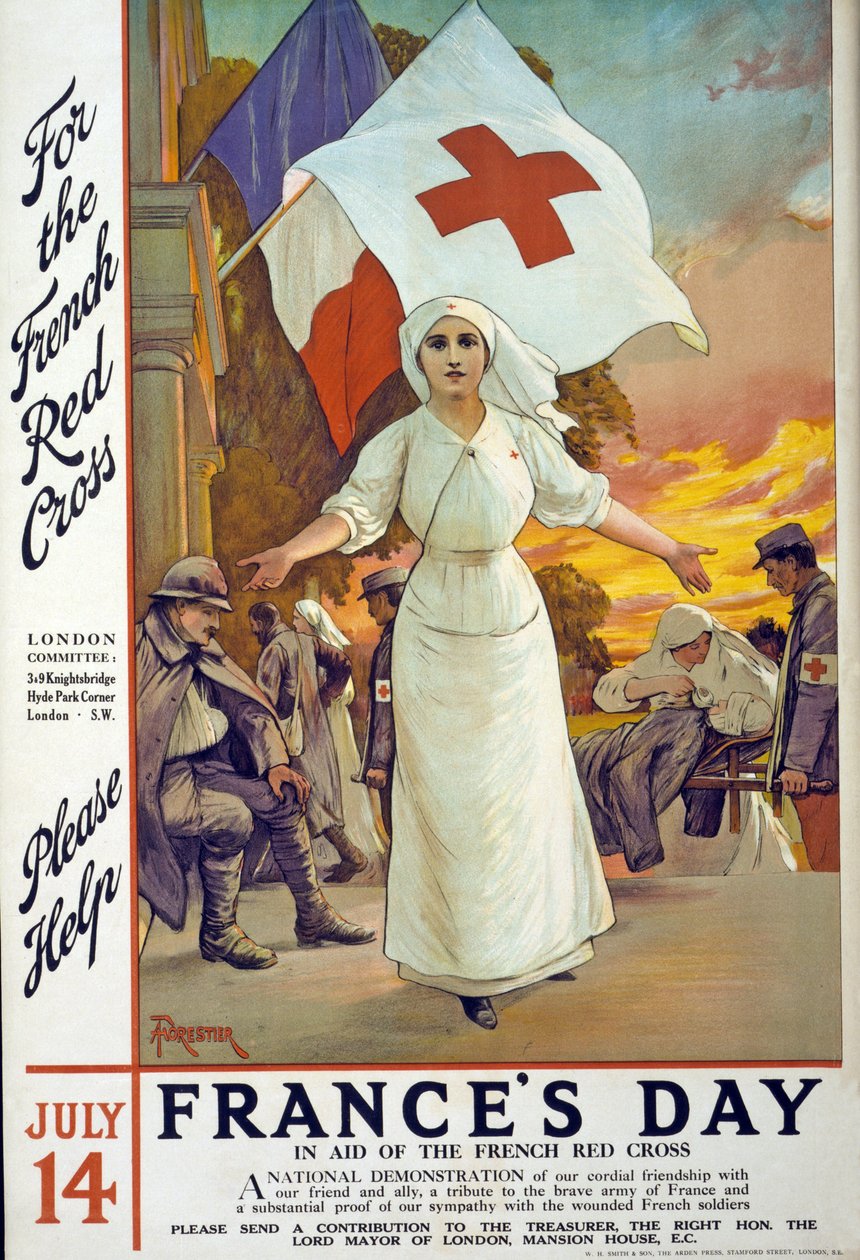 Apel o zbiórkę pieniędzy na pomoc Francuskiemu Czerwonemu Krzyżowi w dniu Francji, 14 lipca, wyd. Londyn, ok. 1915 autorstwa Amedee Forestier