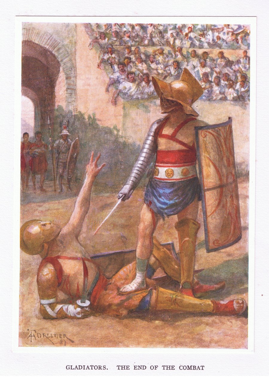 Gladiatorzy, koniec walki, ilustracja z filmu Żołnierz rzymski, 1928 autorstwa Amedee Forestier