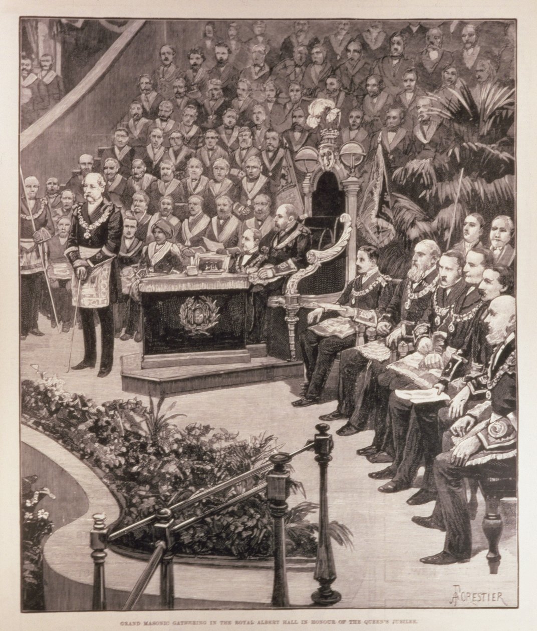Wielkie Zgromadzenie Masońskie w Royal Albert Hall dla uczczenia Jubileuszu Królowej, z "The Illustrated London News", 18 czerwca 1887 r. autorstwa Amedee Forestier
