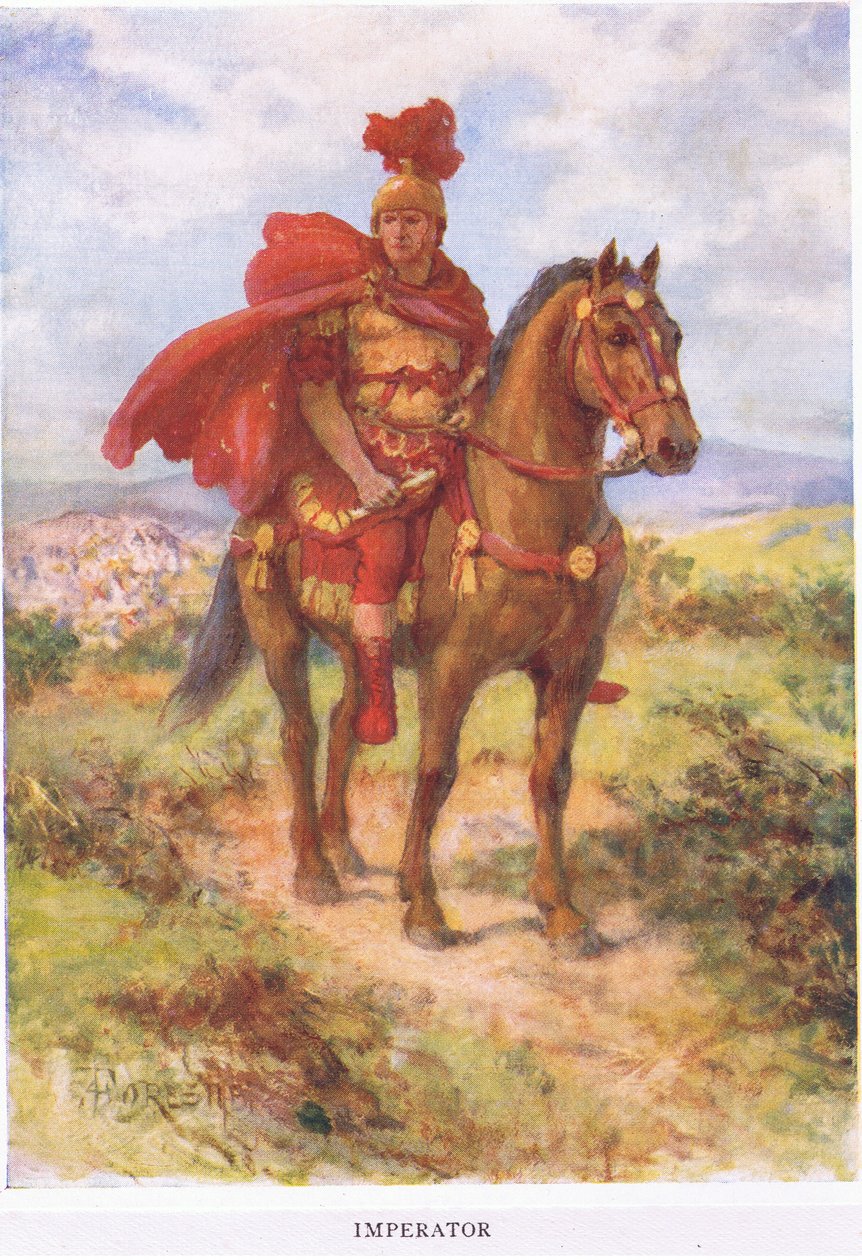 Imperator: pierwotnie był tutaj, zwycięski rzymski generał został pozdrowiony przez swoich żołnierzy w polu. Później tytuł zarezerwowany był tylko dla cesarzy , ilustracja z Żołnierza rzymskiego, 1928 (kolor autorstwa Amedee Forestier