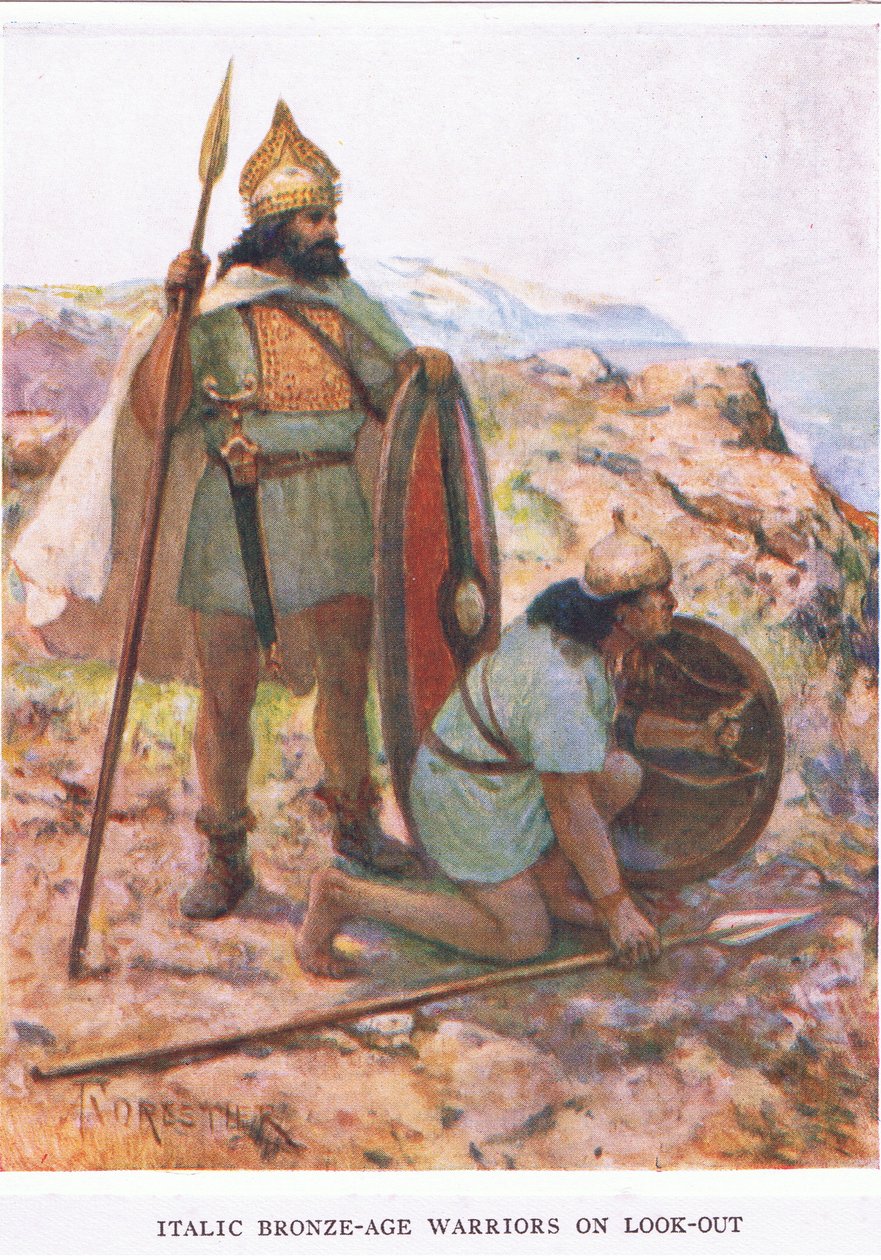 Italiccy wojownicy z epoki brązu na widok, ilustracja z „Rzymskiego żołnierza” autorstwa Amedee Forestier