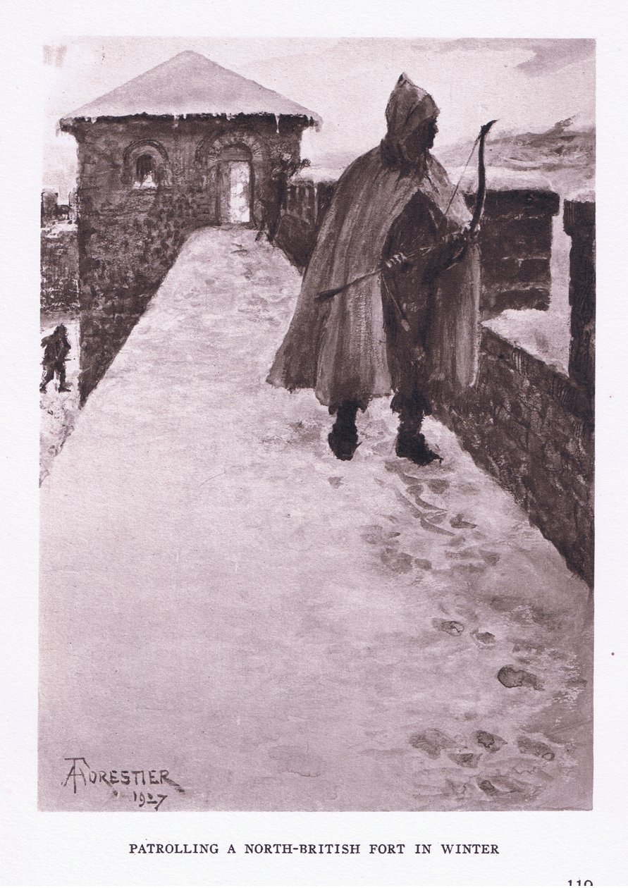 Patrolowanie fortu na północy Wielkiej Brytanii zimą, ilustracja z filmu The Roman Soldier, 1928 autorstwa Amedee Forestier