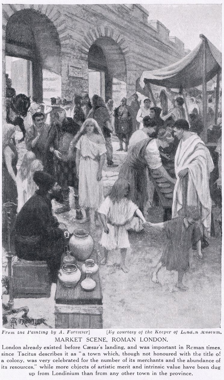 Rzymska scena targowa, Londyn, ilustracja z „Historii Narodów Hutchinsona”, ok. 1910 autorstwa Amedee Forestier