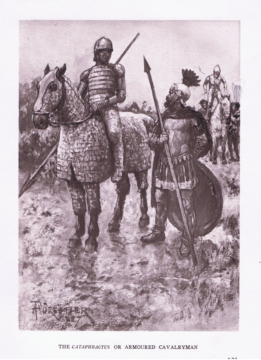 Katafraktus lub kawalerzysta w zbroi, ilustracja z filmu Żołnierz rzymski, 1928 autorstwa Amedee Forestier