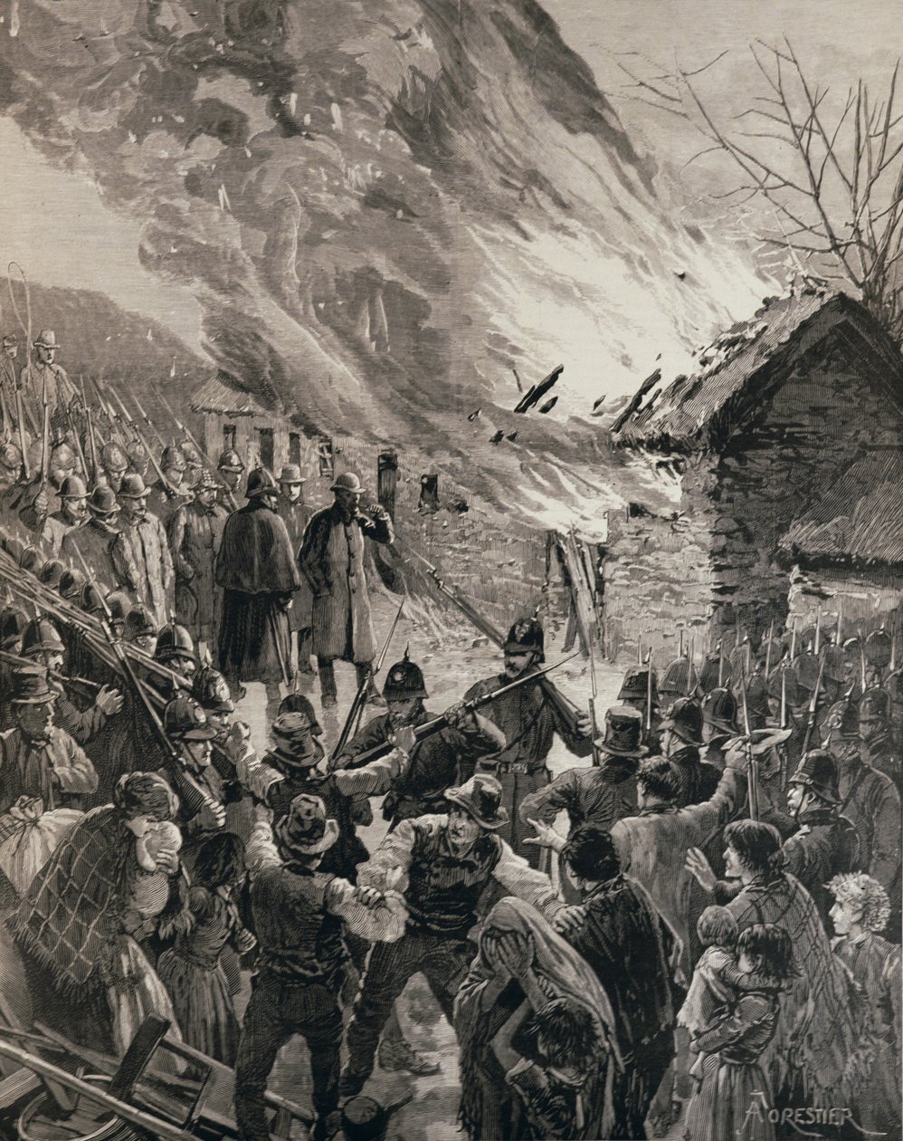 Wojna czynszowa w Irlandii: palenie domów eksmitowanych lokatorów w Glenbeigh, hrabstwo Derry, z „The Illustrated London News”, 29 stycznia 1887 autorstwa Amedee Forestier