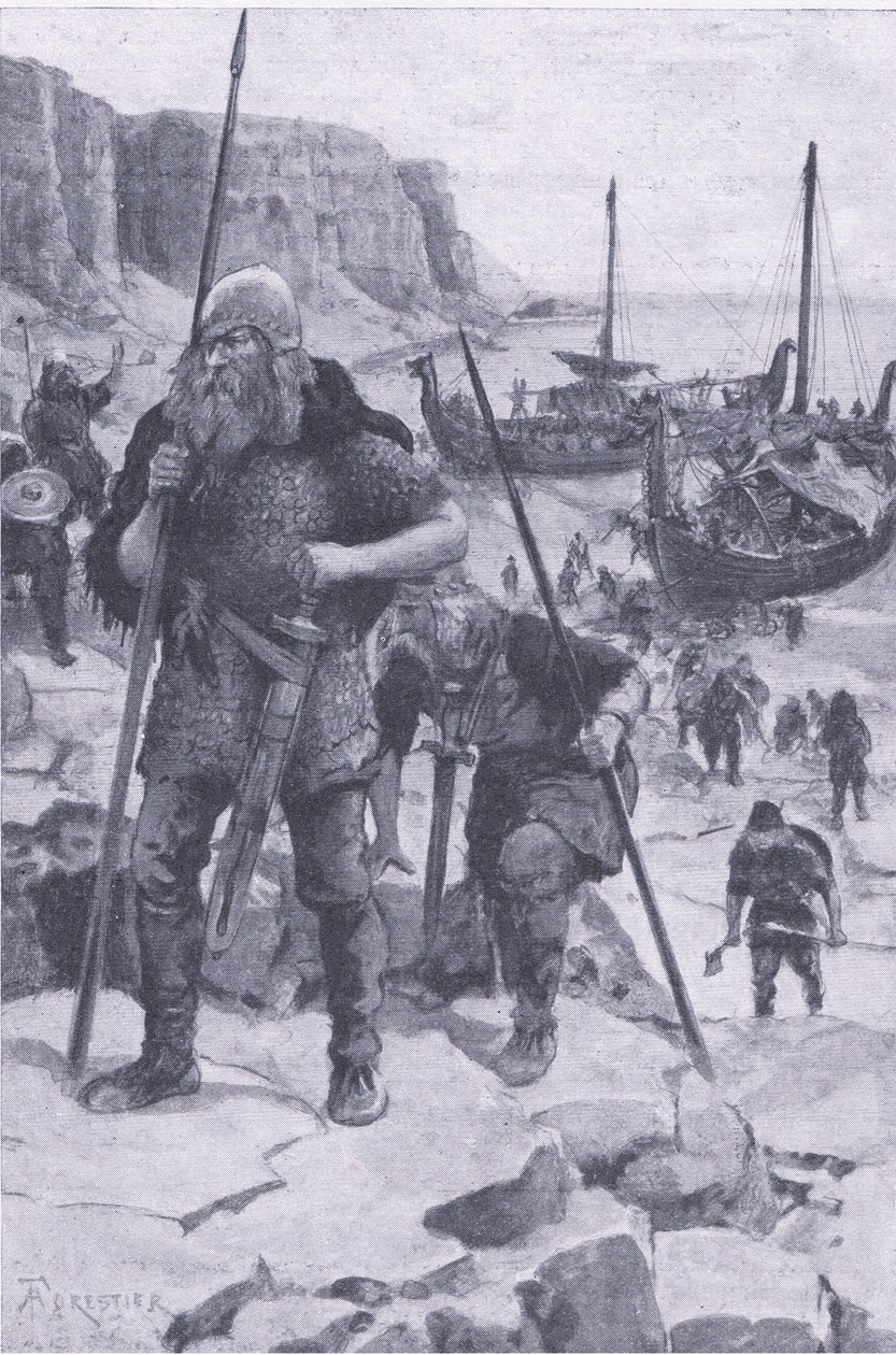Wikingowie znajdują Amerykę, z My Magazine, pub.1922 (lito) autorstwa Amedee Forestier