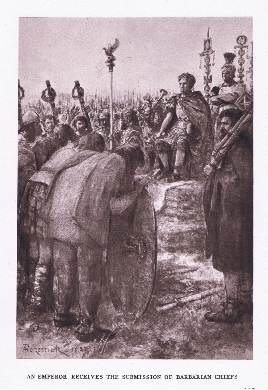 Cesarz otrzymuje uległość wodzów barbarzyńskich, ilustracja z rzymskiego żołnierza, 1928 autorstwa Amedee Forestier