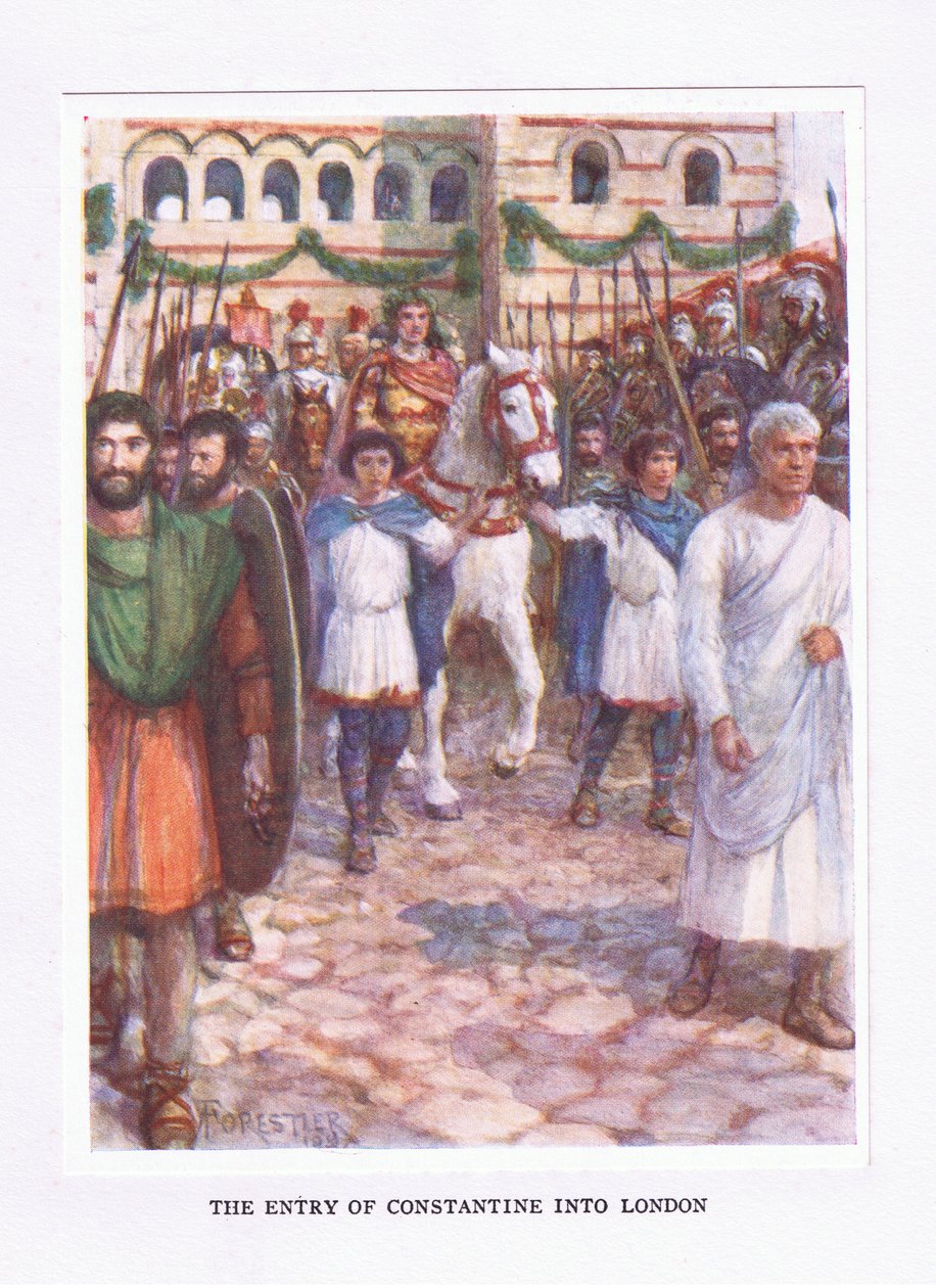 Wjazd Konstantyna do Londynu, ilustracja z Żołnierza rzymskiego, 1928 autorstwa Amedee Forestier