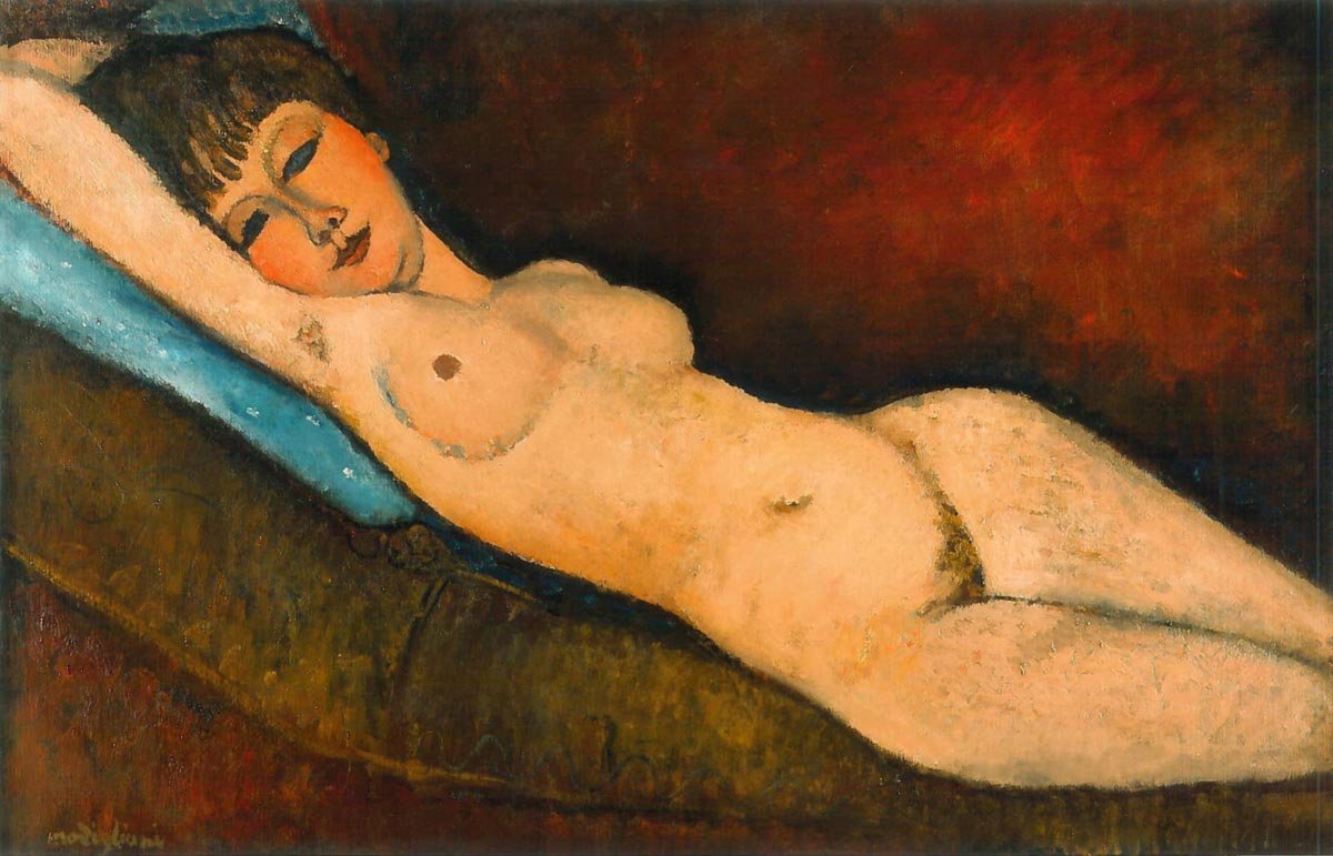 Pieluszka Naga z poduszką niebieska autorstwa Amedeo Modigliani