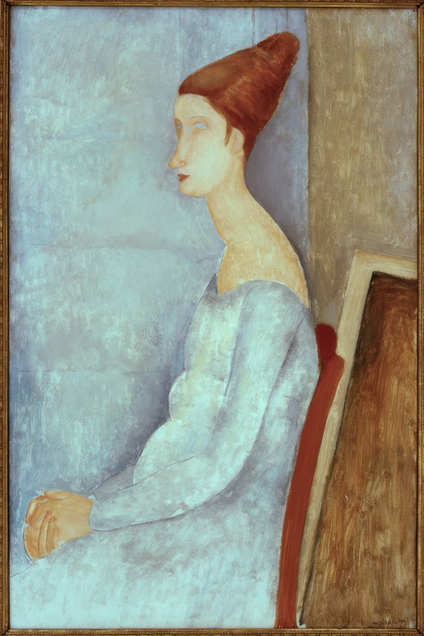 Jeanne Hebuterne w pozycji siedzącej, z profilu autorstwa Amedeo Modigliani