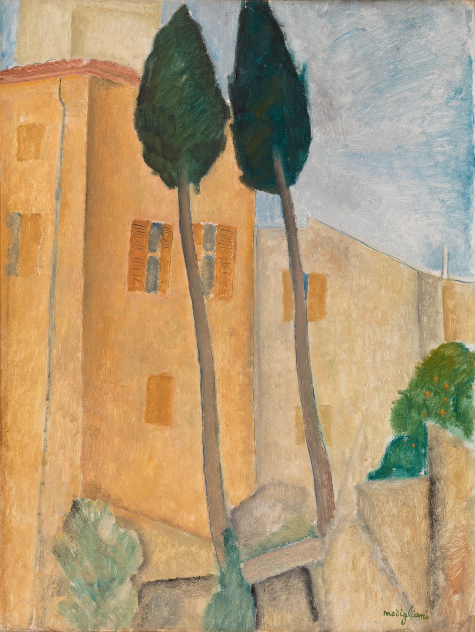 Cyprysy i domy w Cagnes autorstwa Amedeo Modigliani