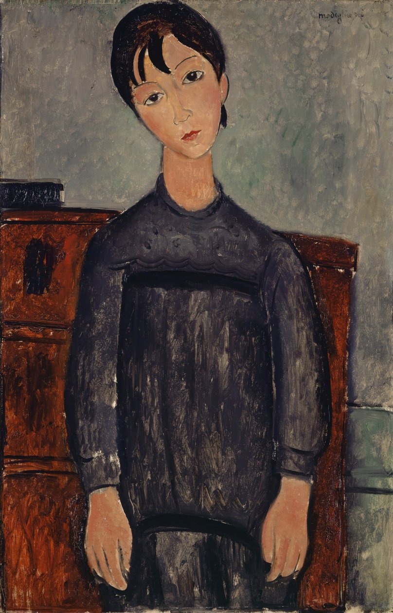 Dziewczyna stojąca w czarnym pióropuszu, 1918 autorstwa Amedeo Modigliani