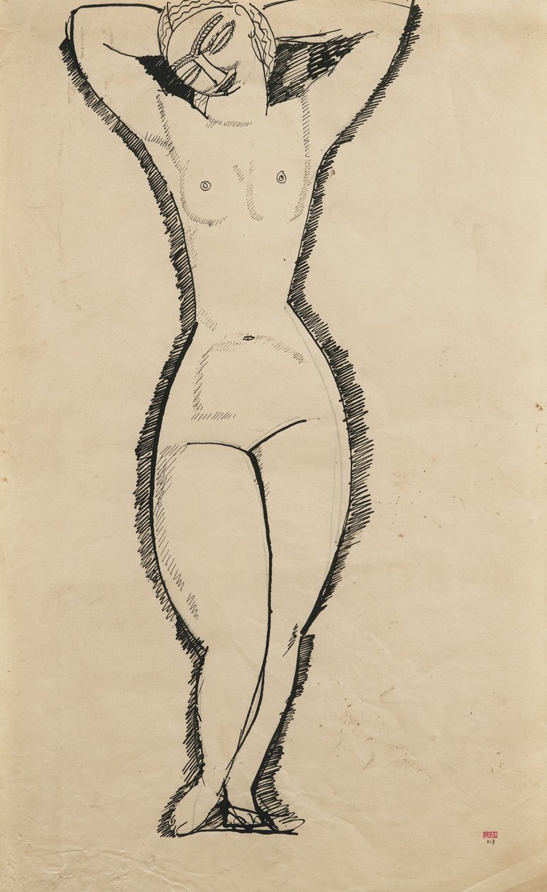 Stojący nago z podniesionymi rękami, 1911 autorstwa Amedeo Modigliani