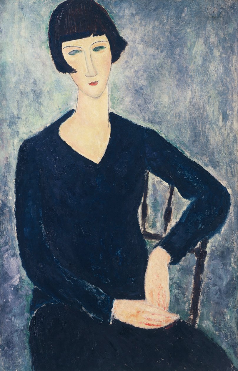 Młoda kobieta z grzywką lub młoda siedząca kobieta w niebieskiej sukience autorstwa Amedeo Modigliani