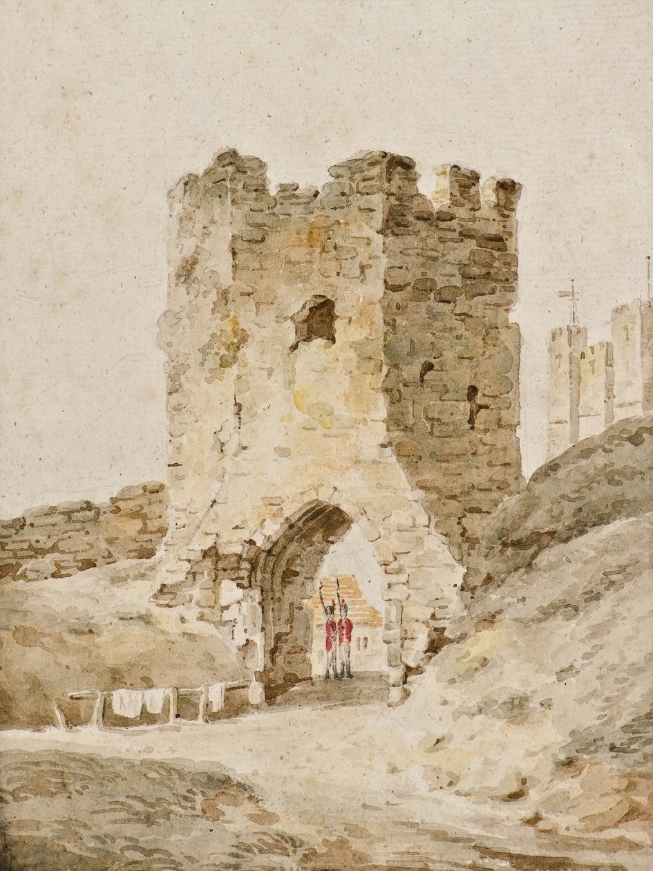 Dwóch żołnierzy na służbie w zamku Dover, ok. 1805 (akwarela) autorstwa Amelia Long