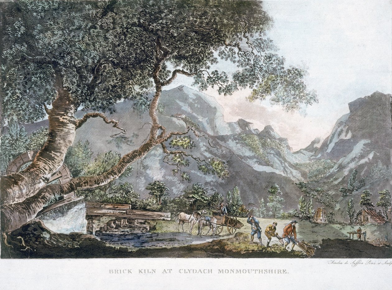 Ceglany piec w Clydach, Monmouthshire, 1795 (kolorowy akwatinta) autorstwa Amelia de Suffren