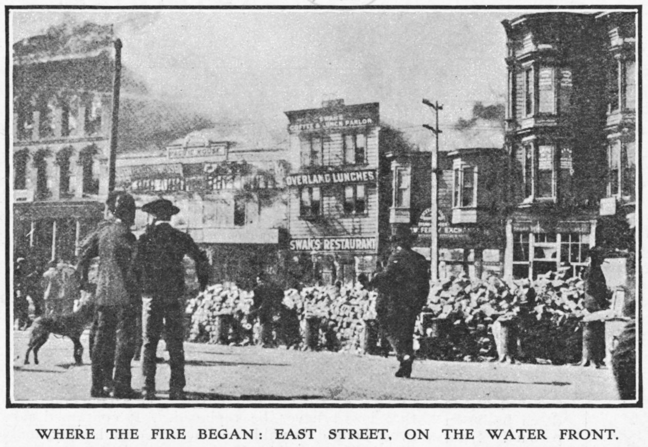 East Street, San Francisco, gdzie wybuchł pożar podczas trzęsienia ziemi 1906, 1906 (patrz także 223357) autorstwa American Photographer