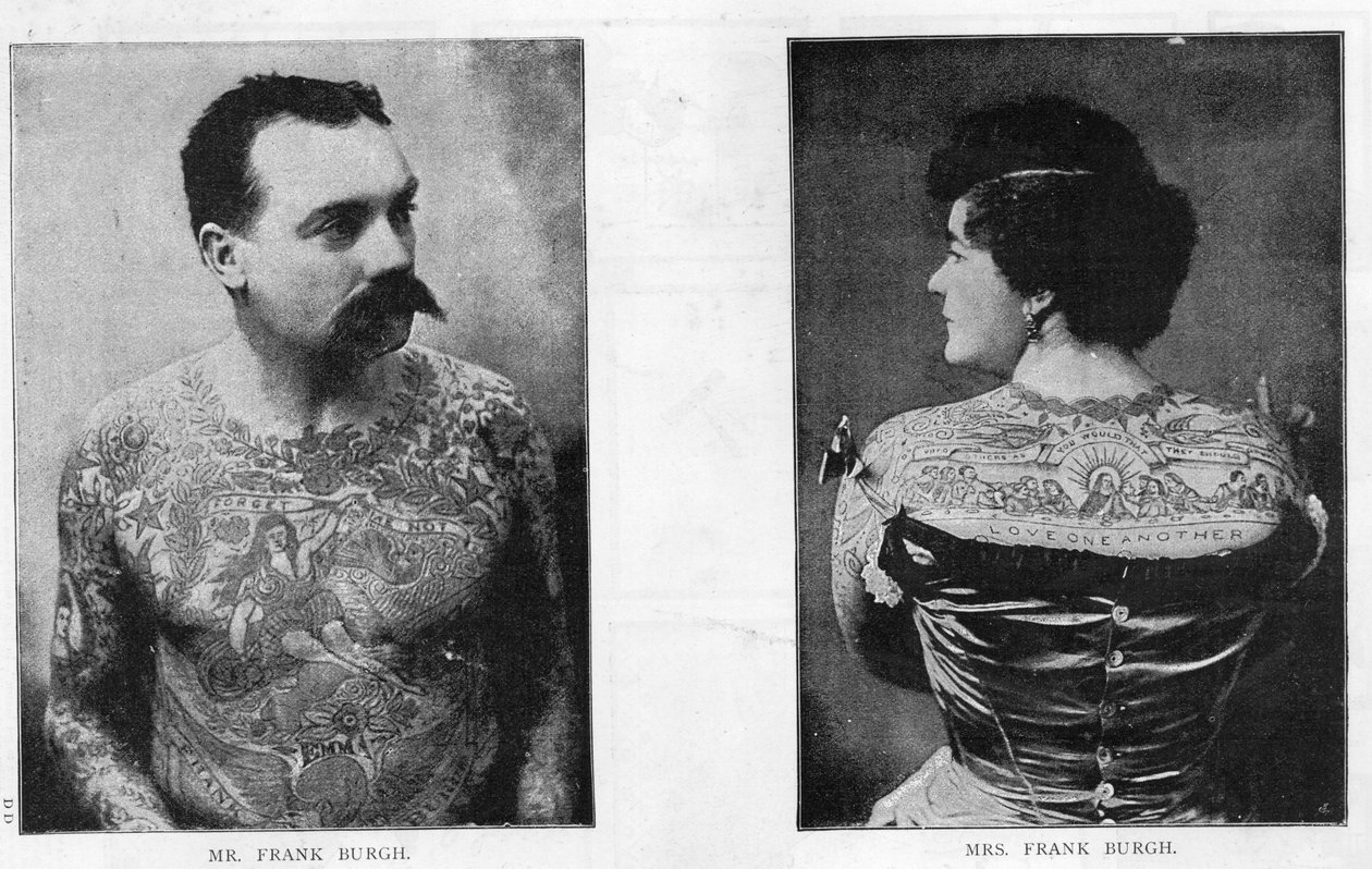 Pan i pani Frank Burgh demonstrują sztukę tatuowania w USA, 1893 autorstwa American Photographer