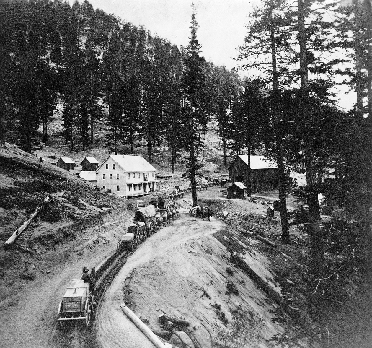 Swifts Station, Carson and Lake Bigler Road, Kalifornia, z Gems of California Scenery opublikowanej przez Lawrence i Houseworth, 1866 autorstwa American Photographer