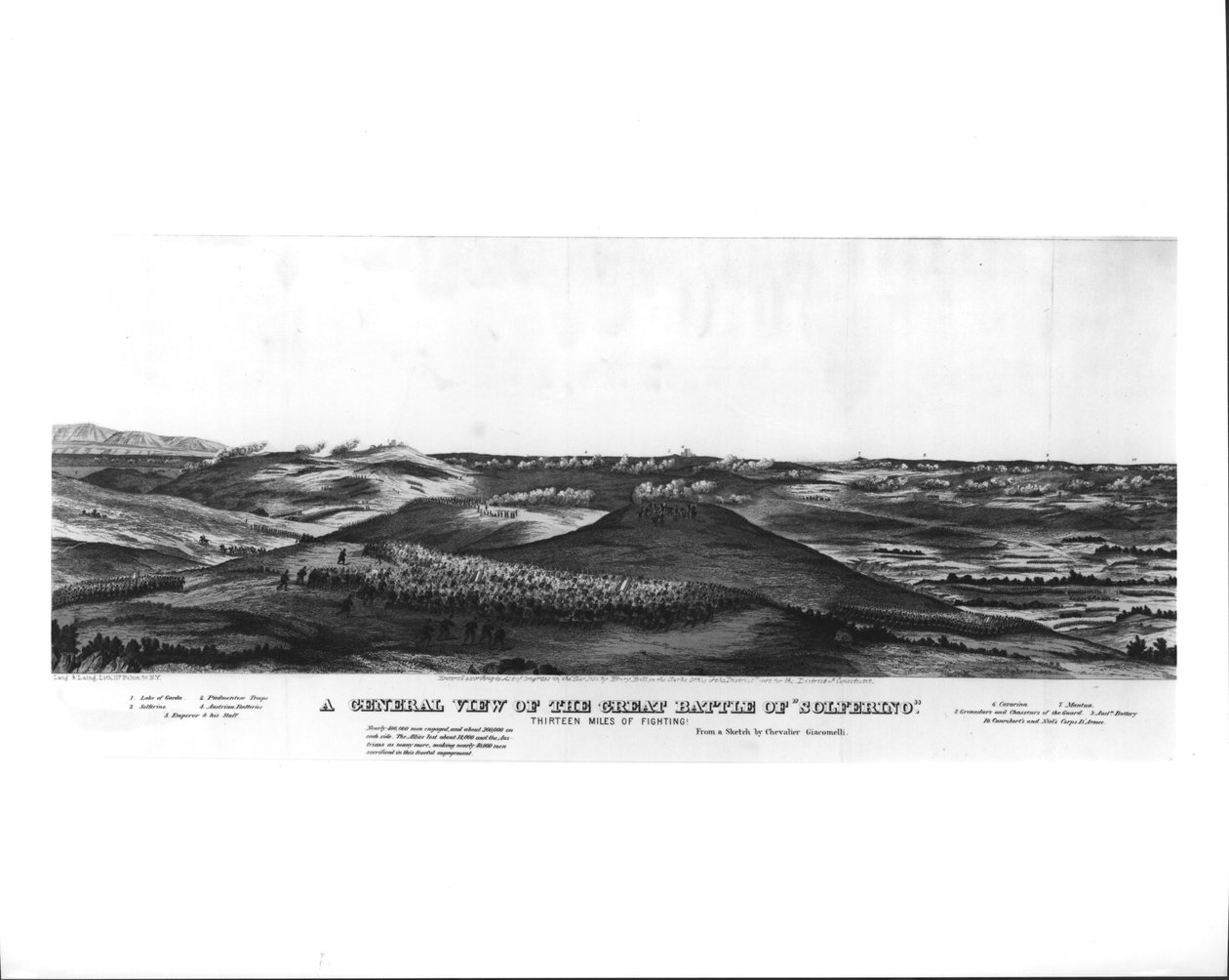 Ogólny widok Wielkiej Bitwy pod Solferino, 24 czerwca 1859, ze szkicu Chevalier Giacomelli, wyd. przez Langa i Lainga, c.1859 autorstwa American School